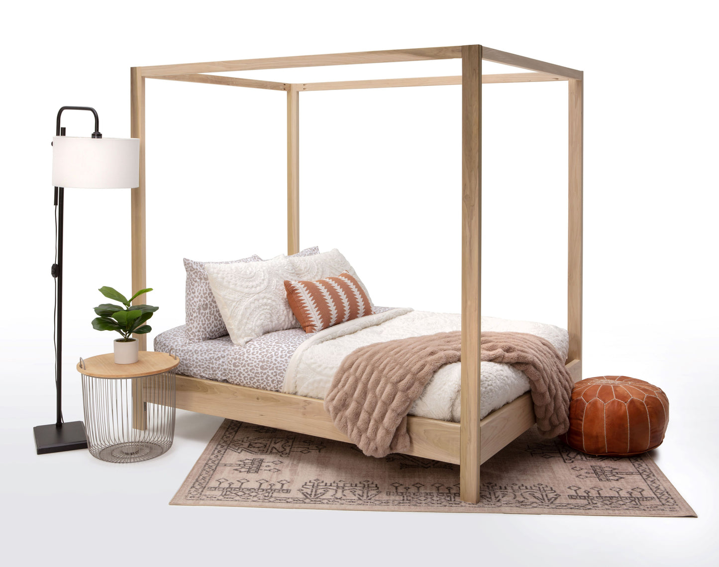 A solid poplar wood canopy bed, showcasing elegant craftsmanship and timeless design. The bed frame is constructed from sturdy poplar wood with a rich finish, featuring a classic canopy design that adds sophistication to any bedroom space.