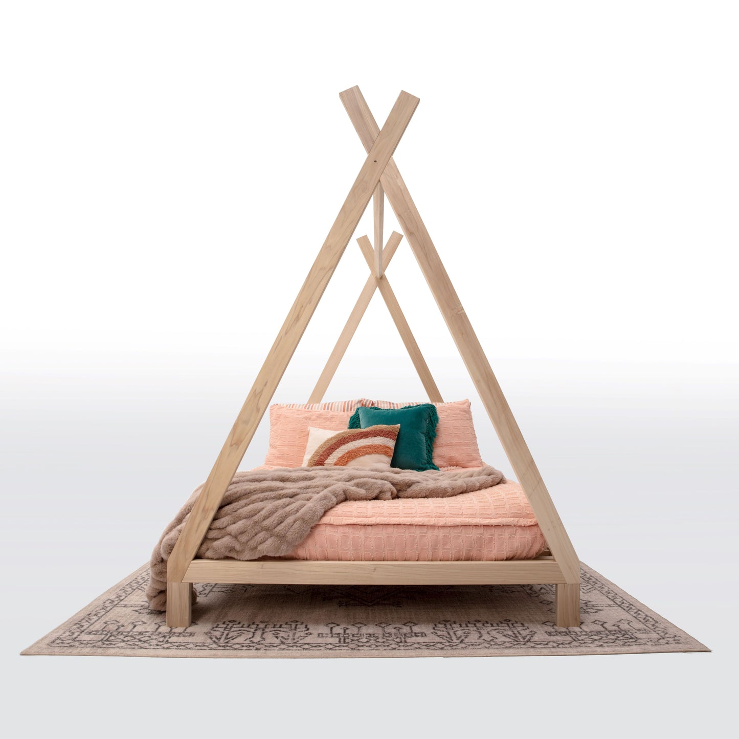 A charming toddler teepee bed crafted entirely from sturdy wood, resembling a miniature teepee structure. The bed's frame features natural wood tones with smooth, rounded edges for safety. Inside the teepee, a soft mattress with cozy bedding beckons, while the open design allows for imaginative play and a sense of adventure. Placed in a room adorned with playful decorations, this bed invites young ones to embark on a whimsical journey of sleep and play.