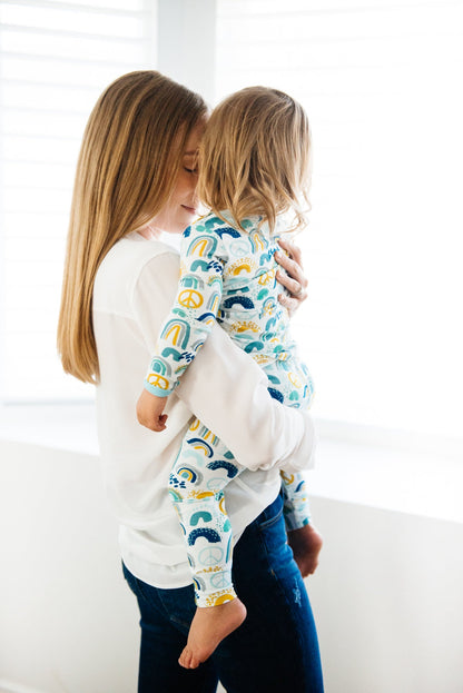 Long Sleeve Pajama Set - Rainbows Blue