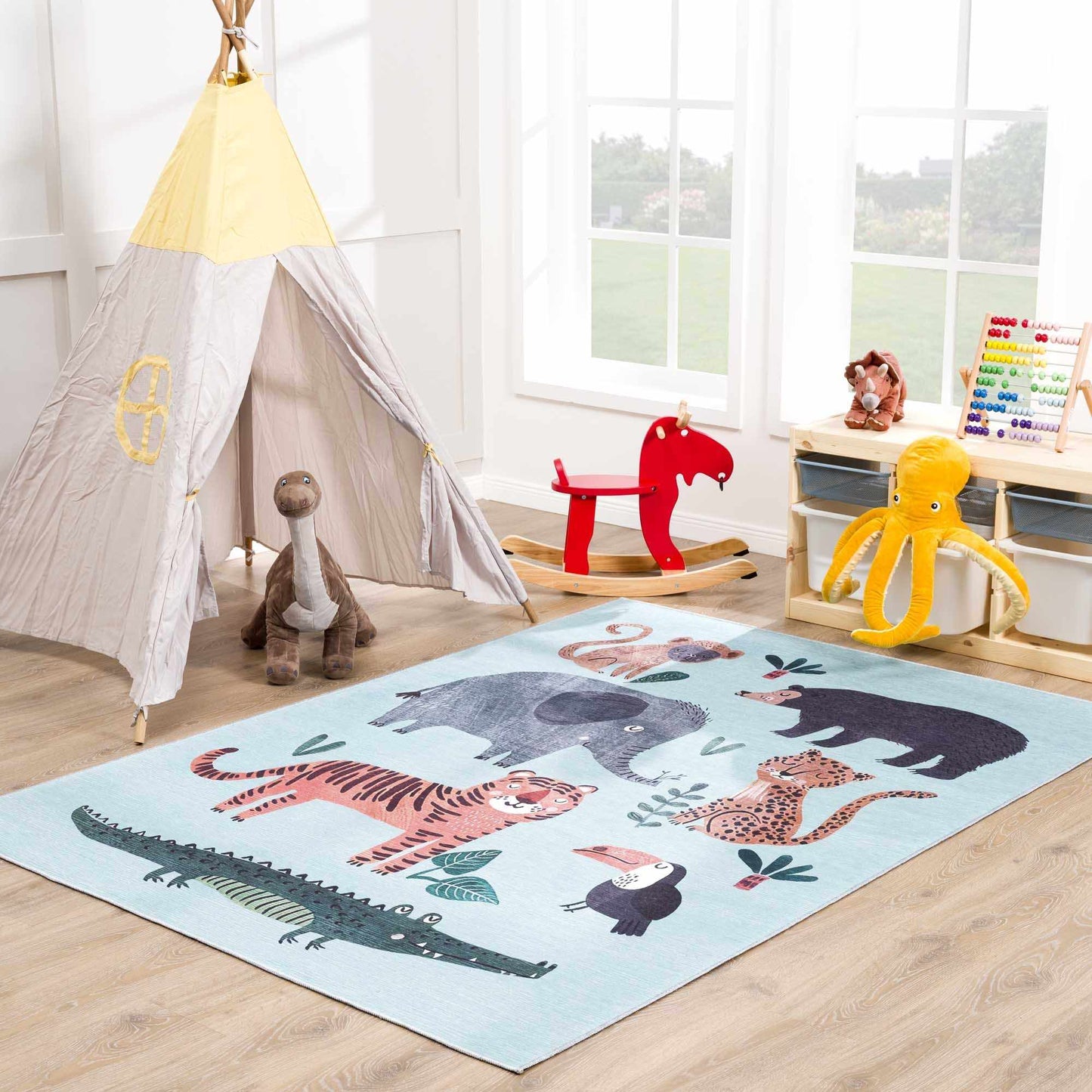 Petey Blue Animal Print Washable Kids Rug