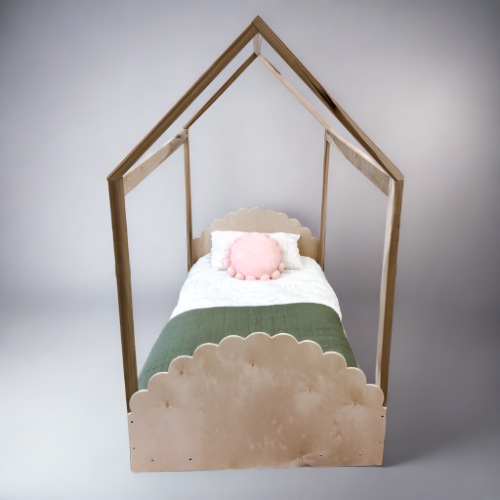 A cozy house-shaped children's bed made entirely of natural wood, featuring a headboard and footboard for added comfort and style. The bed resembles a quaint cottage. Crafted from sturdy wood, the frame provides stability and durability. Inside, a comfortable mattress with soft bedding invites children to rest and play. This wooden house bed with a headboard and footboard creates a cozy and inviting sleep space, perfect for fostering imagination and comfort in a child's bedroom.