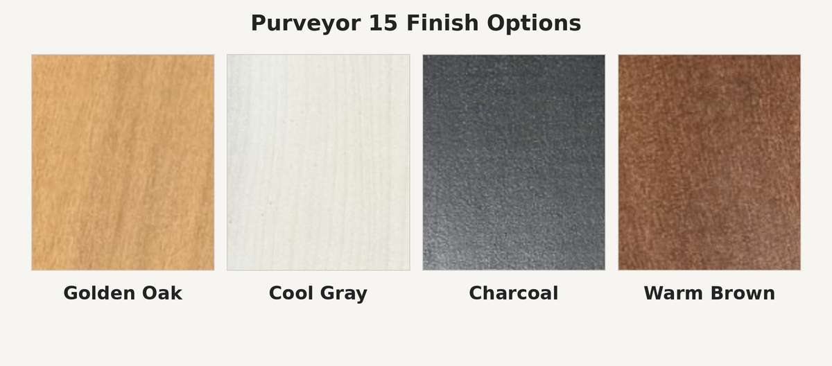Purveyor 15 finish options: Charcoal, Warm Brown, Cool Gray, Golden Oak